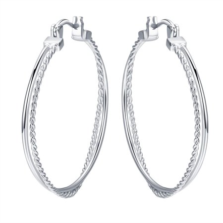 Coachuhhar Silver Hoop Earrings 925 Sterling Silver 34mm Big Hoop Earrings 18K White Gold Plated Intersect Drop Dangle Earrings Jewelry Gift for Women