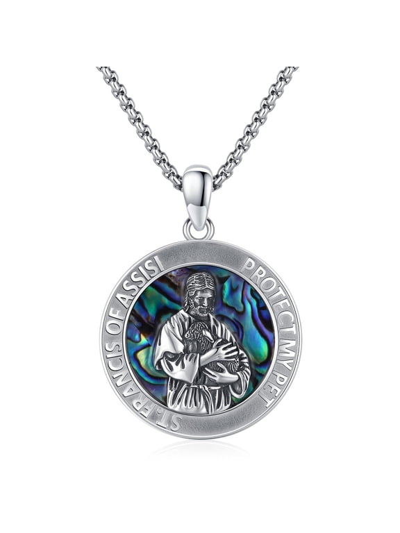 St Francis of Assisi Necklace 925 Sterling Silver Medal Medallion Saint Francis Protect My Pet Travel Protection Pendant Necklace Jewelry Gifts for Men