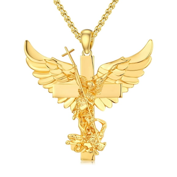 St Michael Necklace 925 Sterling Silver Gold Saint Archangel Michael Pendant Necklace Angel Wings Cross Necklace Protection Catholic Jewelry Gift for Men Women…