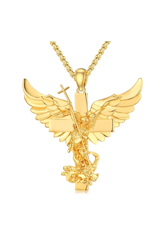 St Michael Necklace 925 Sterling Silver Gold Saint Archangel Michael Pendant Necklace Angel Wings Cross Necklace Protection Catholic Jewelry Gift for Men Women…