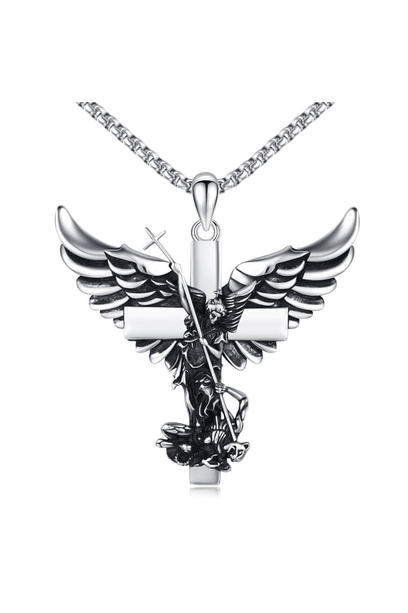 St Michael Necklace 925 Sterling Silver Saint Archangel Michael Pendant Necklace Angel Wings Cross Necklace Protection Catholic Religious Jewelry Gift for Men Women