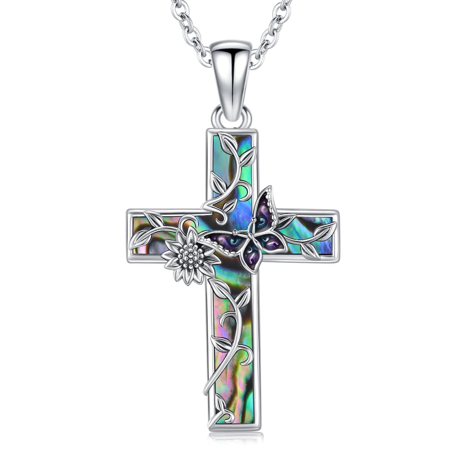 Coachuhhar Sunflower Cross Necklace 925 Sterling Silver Butterfly Pendant Necklace Abalone Jewelry Gifts for Women Mom Birthday