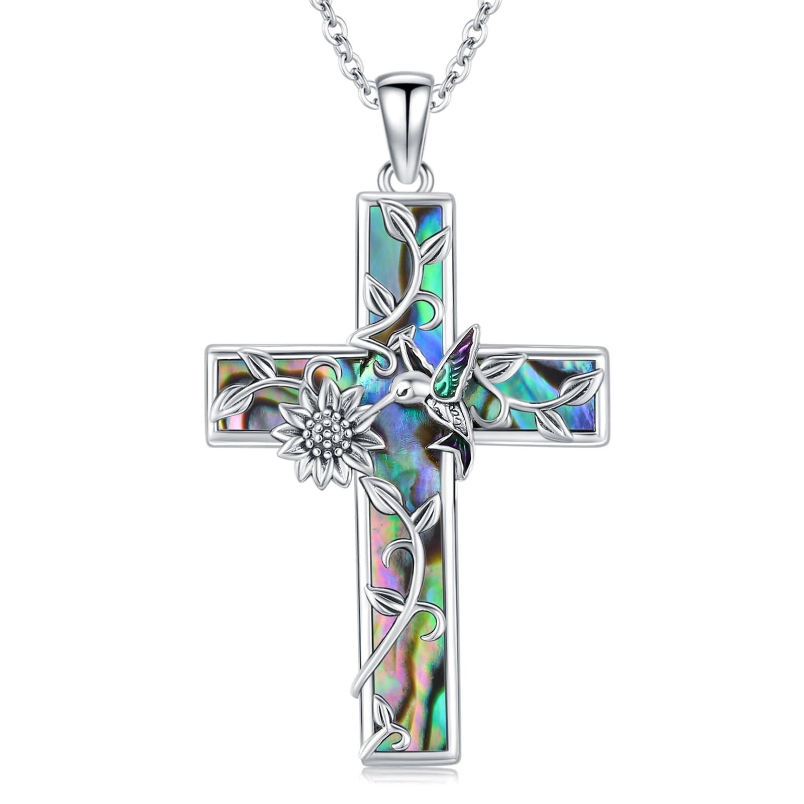 Coachuhhar Sunflower Cross Necklace 925 Sterling Silver Hummingbird Pendant Necklace Cross Jewelry Gifts for Women Mom Birthday