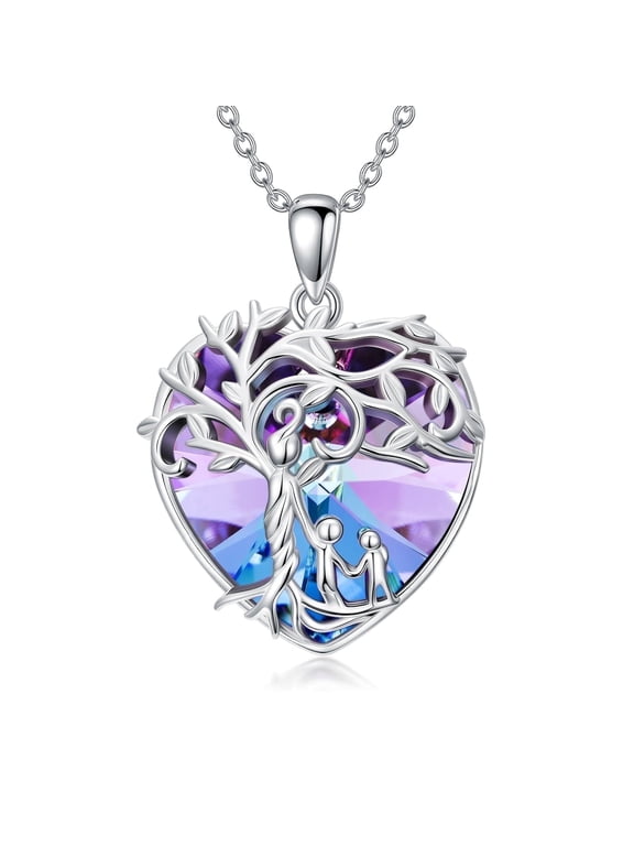Tree of Life Mom Necklace 925 Sterling Silver Nana Grandma Pendant Necklace with Heart Crystal Mother's Day Birthday Jewelry Gift for Women