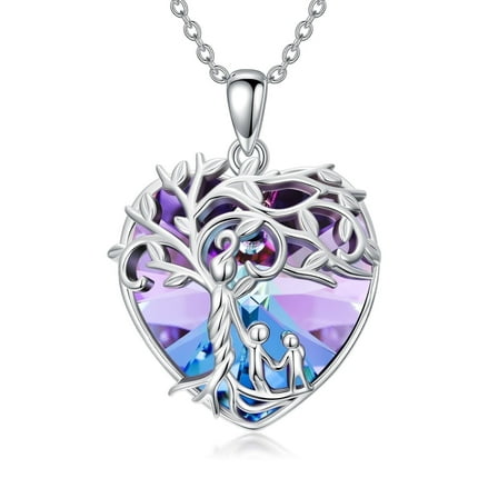 Coachuhhar Tree of Life Mom Necklace 925 Sterling Silver Nana Grandma Pendant Necklace with Heart Crystal Mother's Day Birthday Jewelry Gift for Women