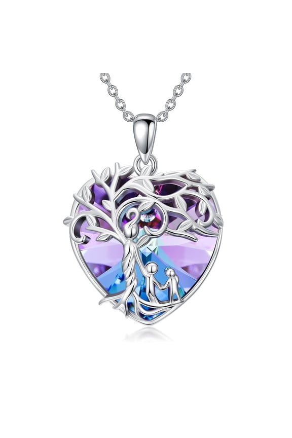 Tree of Life Mom Necklace 925 Sterling Silver Nana Grandma Pendant Necklace with Heart Crystal Mother's Day Birthday Jewelry Gift for Women