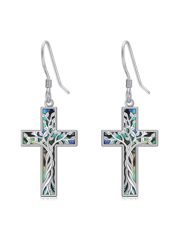 Tree of Life Earrings 925 Sterling Silver Abalone Cross Dangle Drop Earring Christian Jewelry Xmas Christmas Gifts for Women Mom Wife