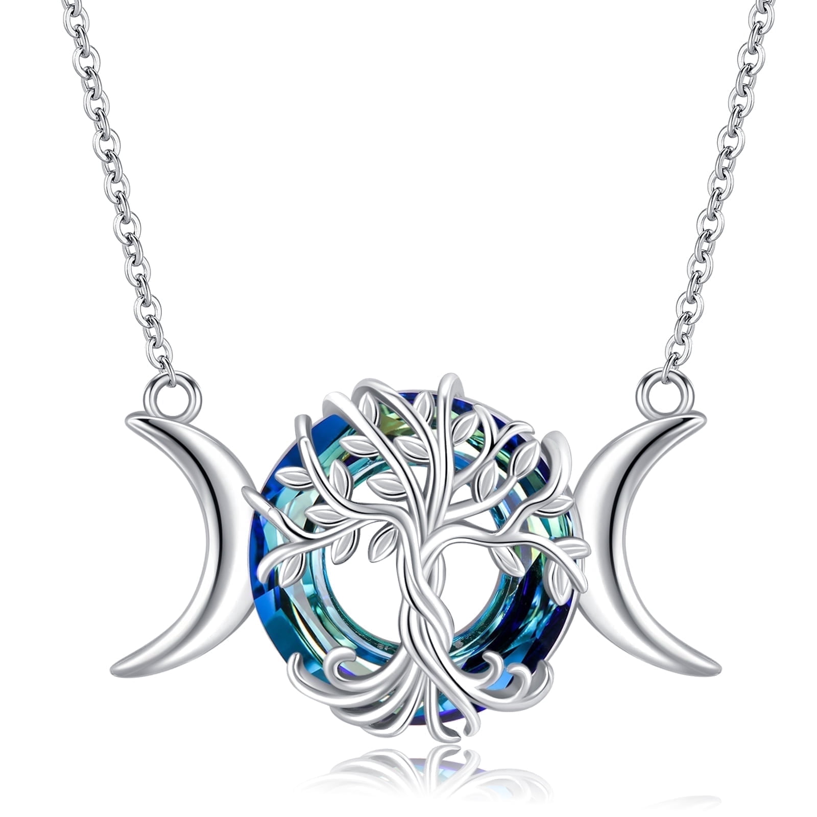 Coachuhhar Triple Moon Goddess Necklace 925 Sterling Silver Tree of Life Pendant Necklace Pagan Wiccan Jewelry Gift for Women