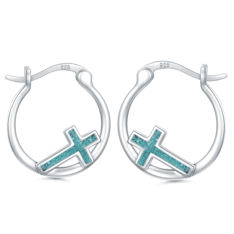 Coachuhhar Turquoise Cross Earrings 925 Sterling Silver Religious - Main Image