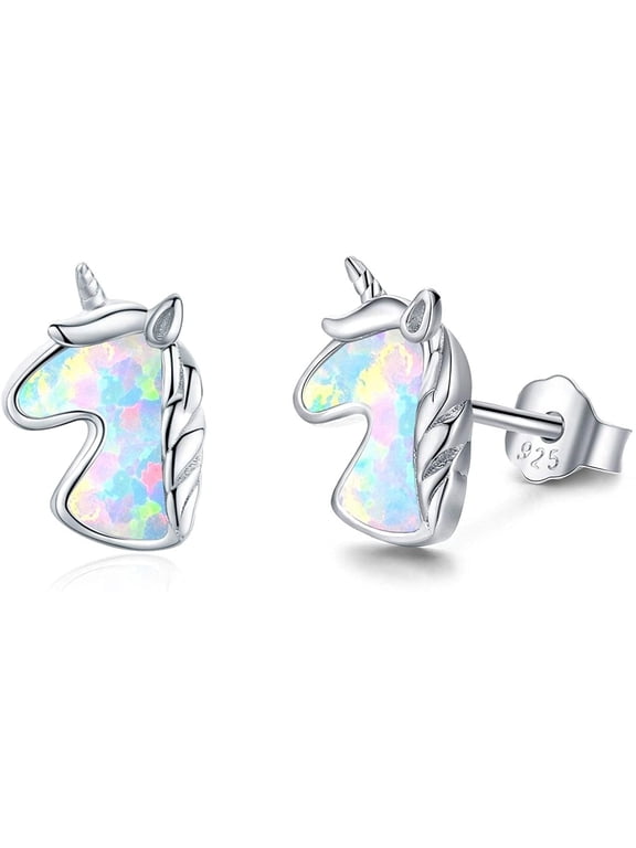 Unicorn Earrings for Women 925 Sterling Silver Hypoallergenic Opal Unicorn Stud Earrings Cute Animal Earrings Opal Jewelry Gifts for Unicorn Lover