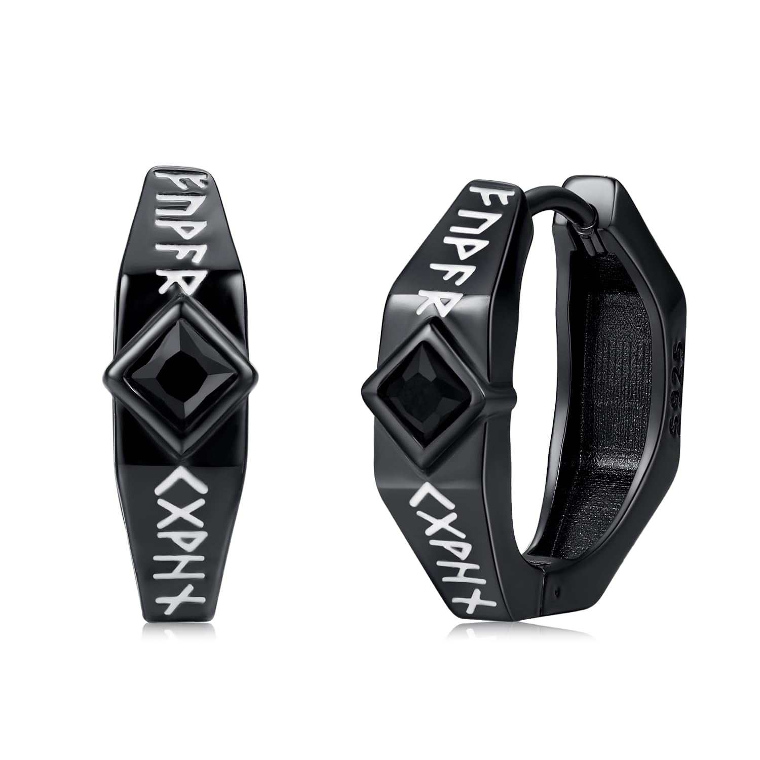 Coachuhhar Viking Runes Black Earrings 925 Sterling Silver CZ Black Hoop Earring Mens Earrings Punk Jewelry Gifts for Men Women