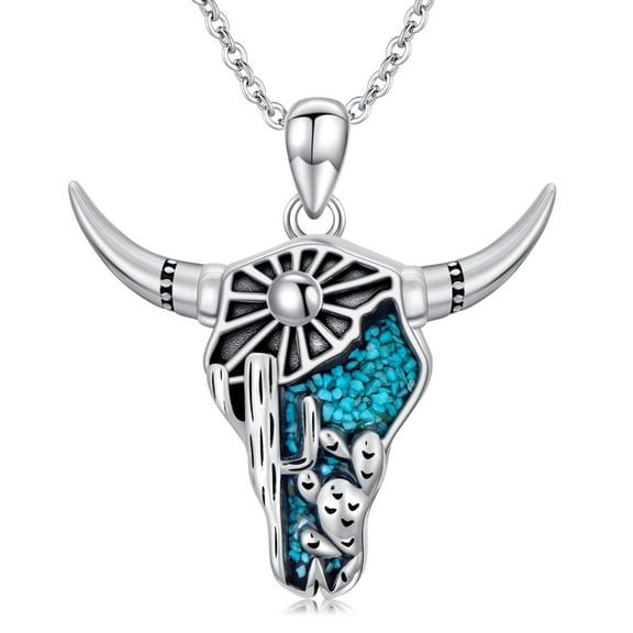 Coachuhhar Western Cow Skull Necklace 925 Sterling Silver Cactus Turquoise Pendant Necklace Jewelry Country Mothers Day Gifts for Mom Women