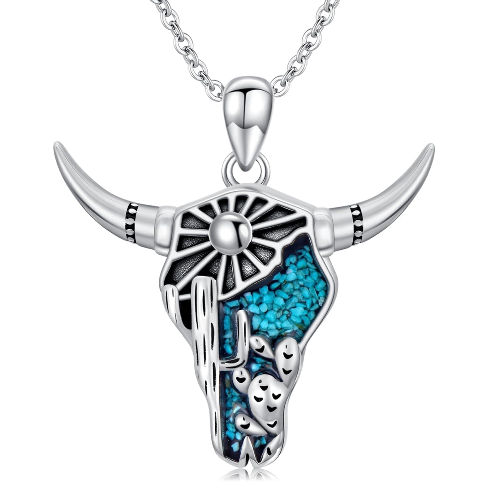 Coachuhhar Western Cow Skull Necklace 925 Sterling Silver Cactus Turquoise Pendant Necklace Jewelry Country Mothers Day Gifts for Mom Women