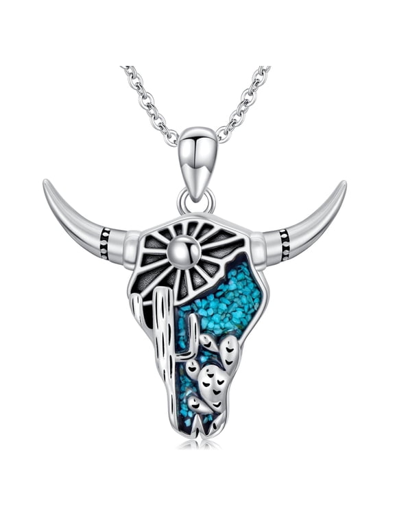 Western Cow Skull Necklace 925 Sterling Silver Cactus Turquoise Pendant Necklace Jewelry Country Mothers Day Gifts for Mom Women