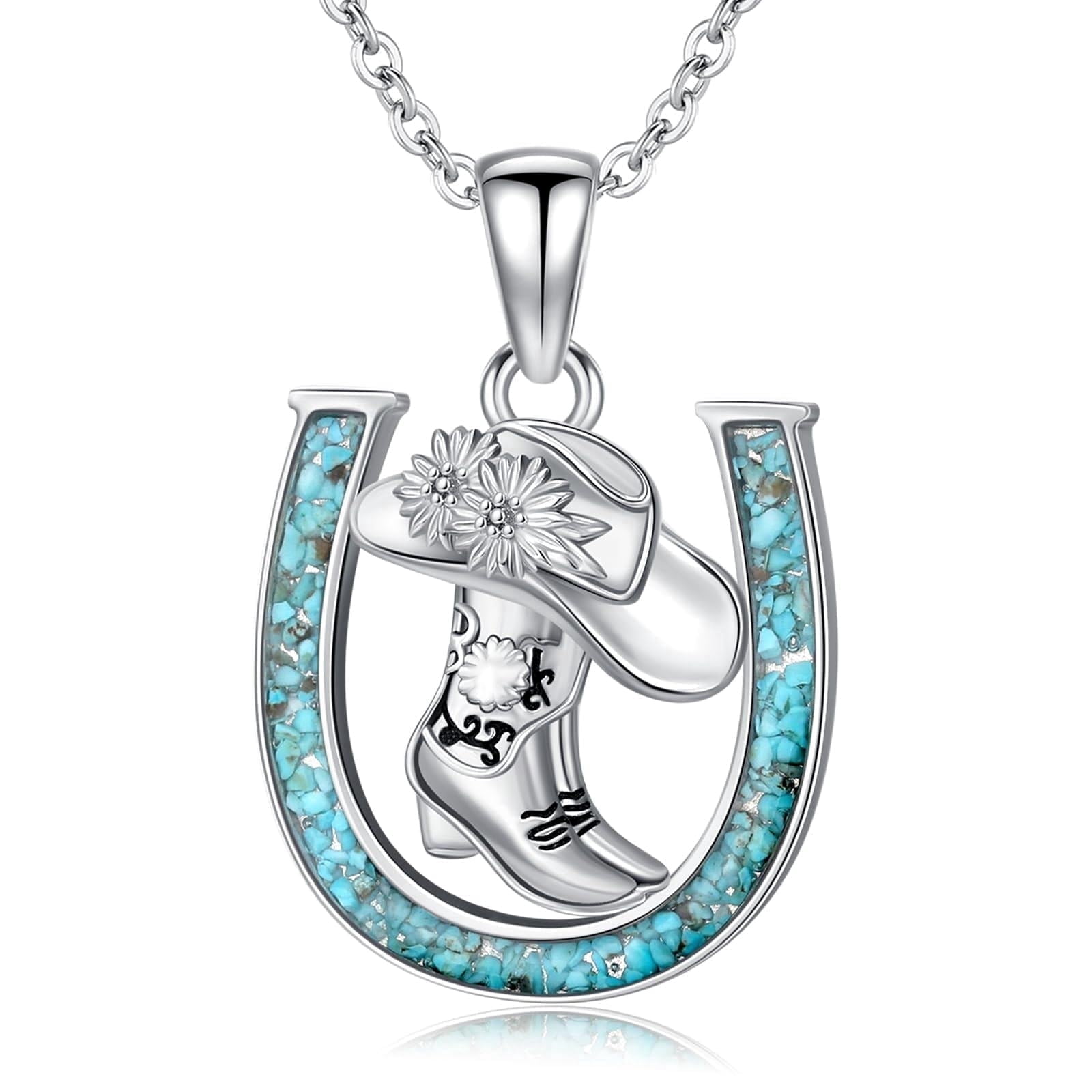 Coachuhhar Western Cowboy Necklace 925 Sterling Silver Boots Horseshoe Pendant Western Jewelry Cowgirl Gifts for Women Girlfriend Cowboy Cowgirl