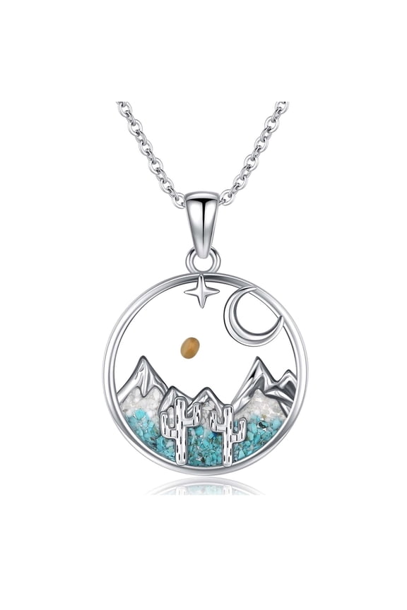 Western Mountain Necklace 925 Sterling Silver Cactus Mustard Seed Pendant Necklace Christian Faith Turquoise Jewelry Religious Gifts for Women