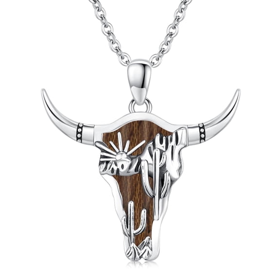 Coachuhhar Wooden Necklace 925 Sterling Silver Western Cow Skull Pendant Cowgirl Country Wood Jewelry for Women Men