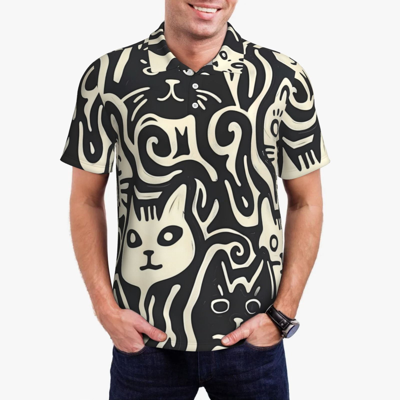 Abstract Racing Polo Coaee Abstract Cat Faces Pattern for Men's Polo Shirts Mens Polo Shirts ...