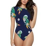 Coaee Astronaut Dinosaur And Space Women'S Short-Sleeved Onesie,One-Piece Swimsuit,Round Neck And Cinched Waist - Small