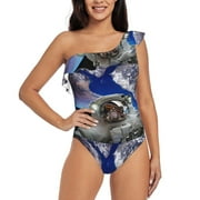 Coaee Astronaut in Outer Space Women's One Piece Swimsuits One Shoulder Swimwear Asymmetric Ruffle Monokinis Bathing Suits - Small