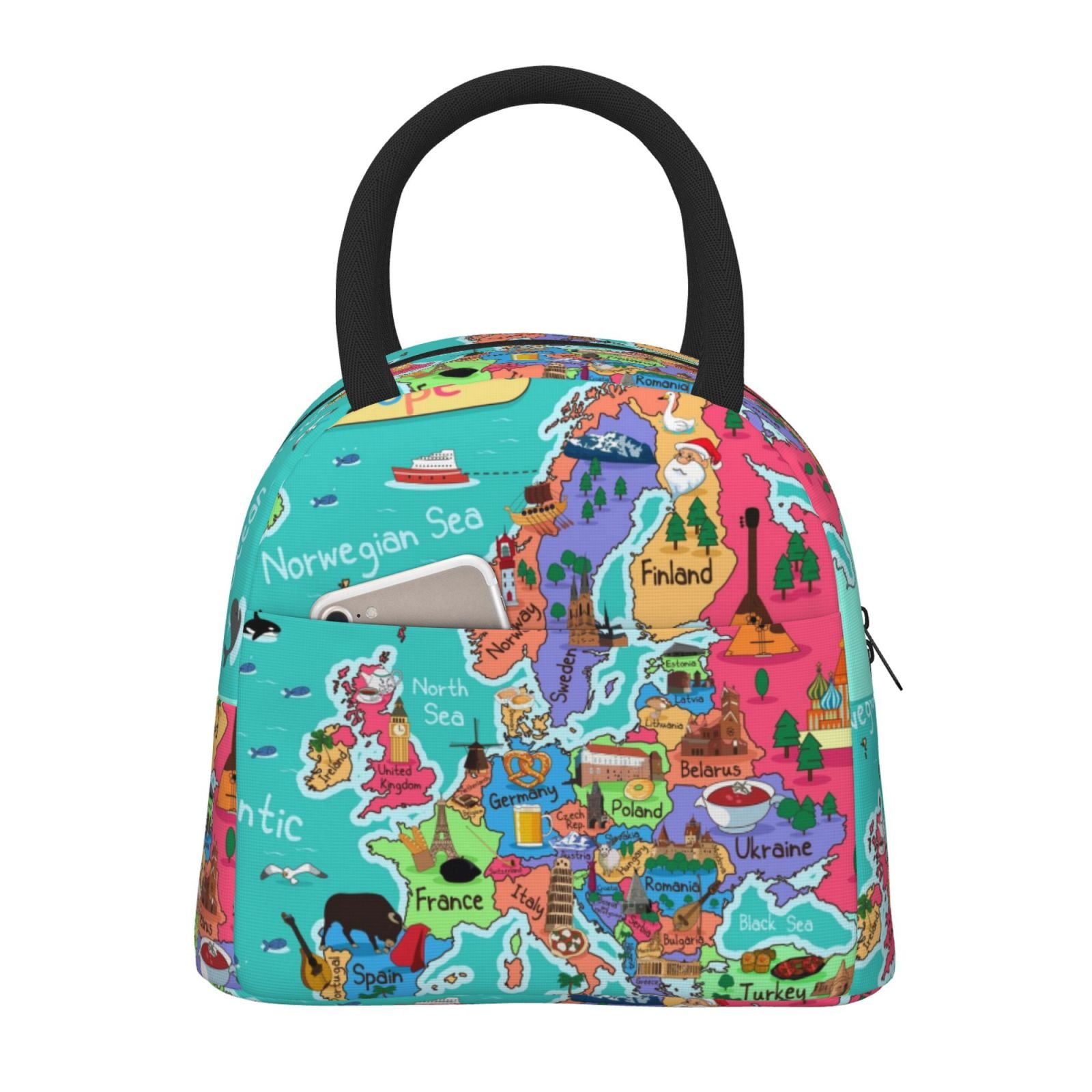 Coaee Cartoon Map Of Europe for Lunch Bag Women Insulated Lunch Box ...