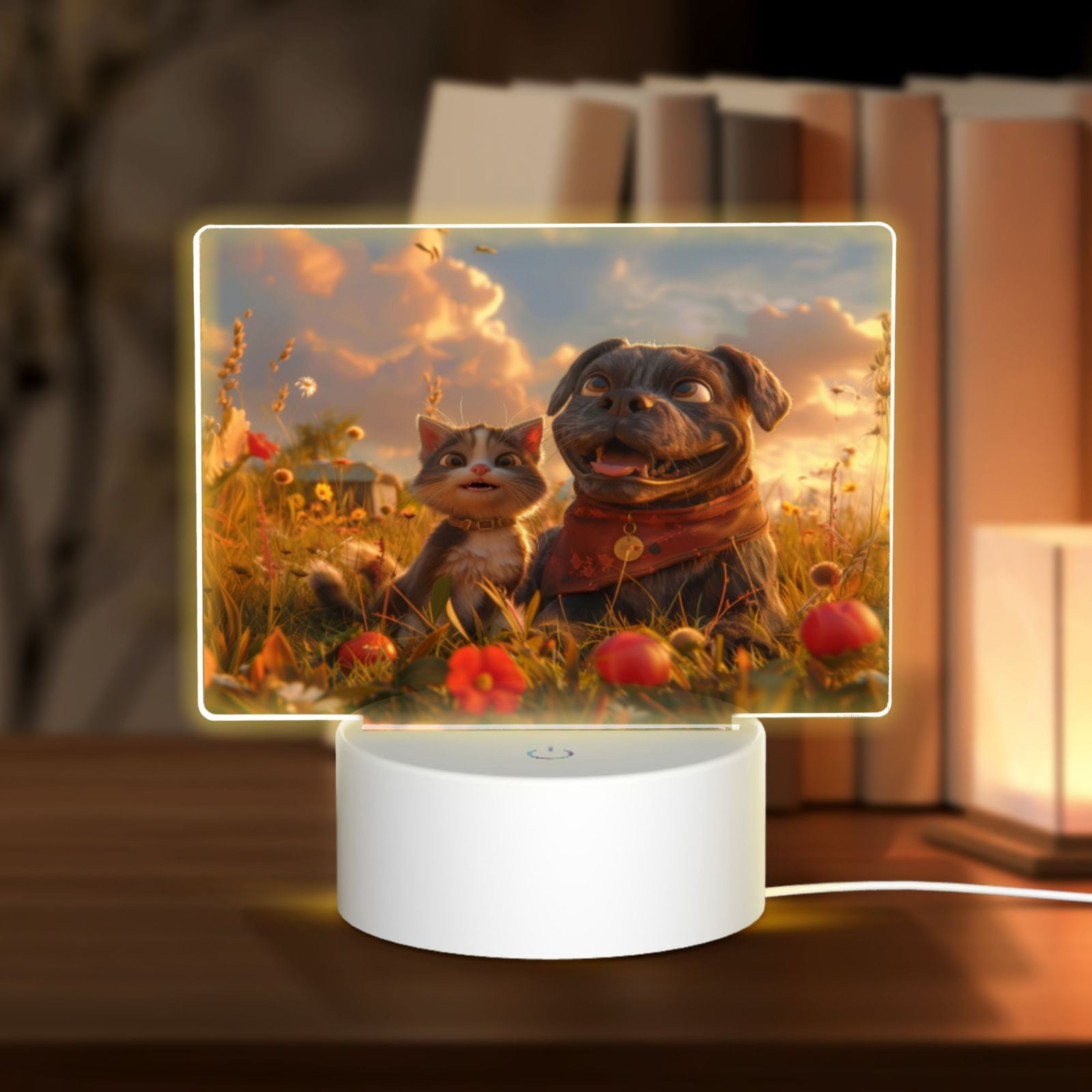 Coaee Cat Dog Friendship for Rectangular Acrylic LED Desk Lamp 3 Color Change Decor Night Light,Acrylic Sleep Night Light As Best Gifts for Teens Boys Girls