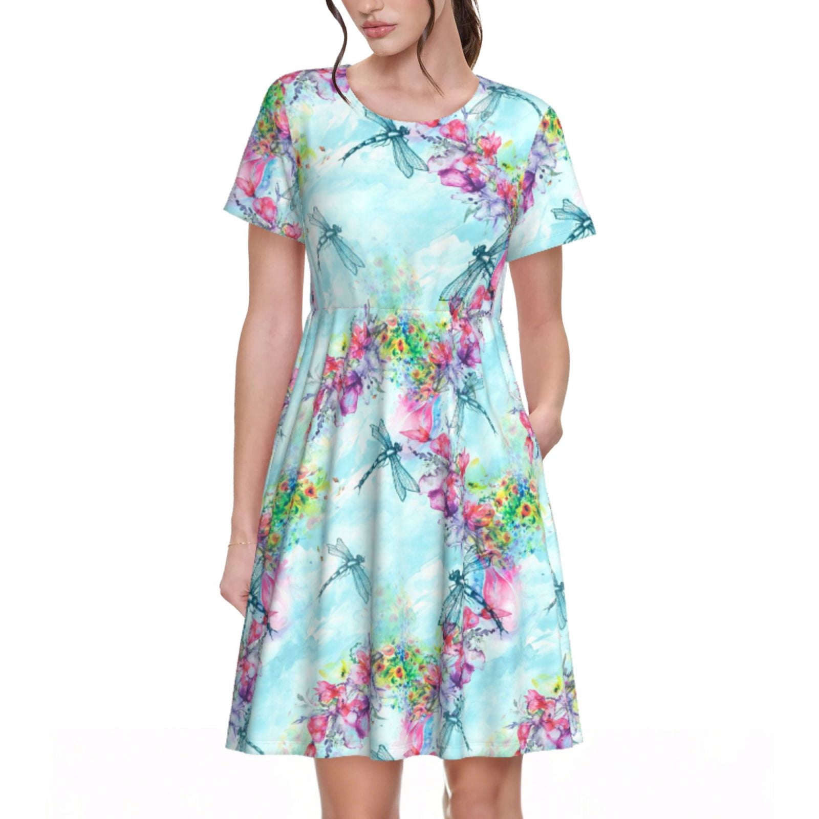 Coaee Dragonfly Floral for Casual Dress for Women Short Sleeve Dresses ...