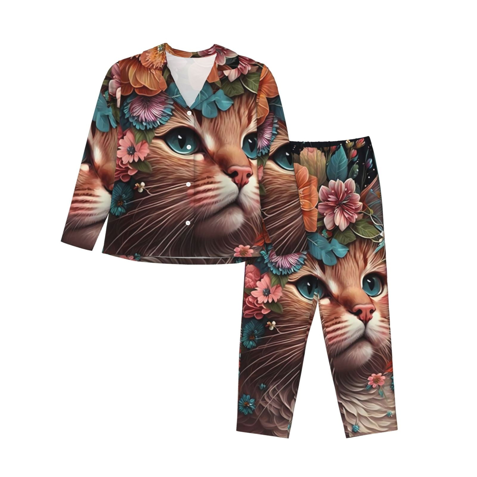 Coaee Flower Crown Cat for Pajamas for Women Set Women's LongSleeved Pajama Set Bottom