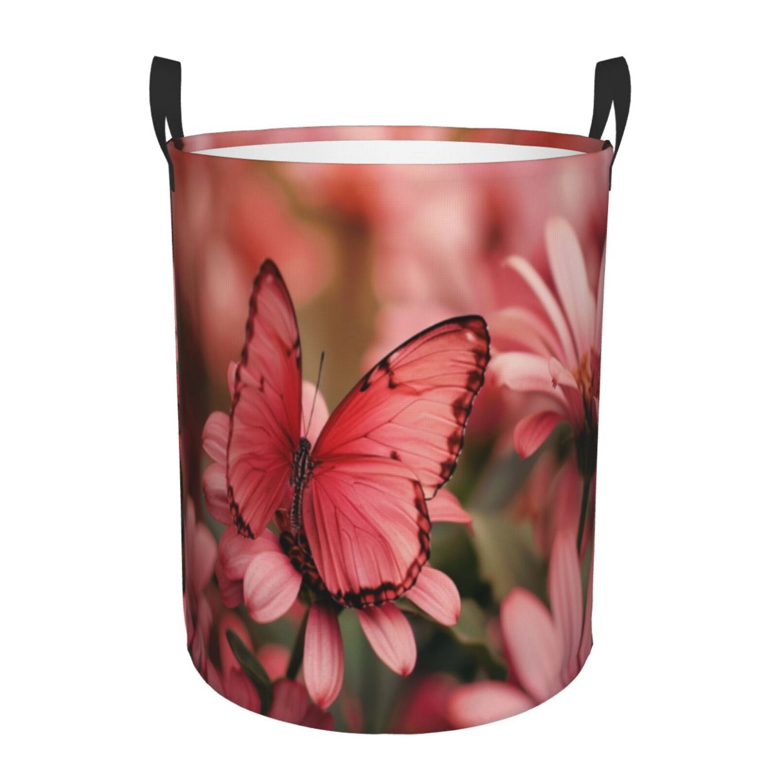 Beautiful Butterfly Floral Laundry Hamper - Foldable Oxford Cloth Basket With Handles, 18.9x16.5 Inches