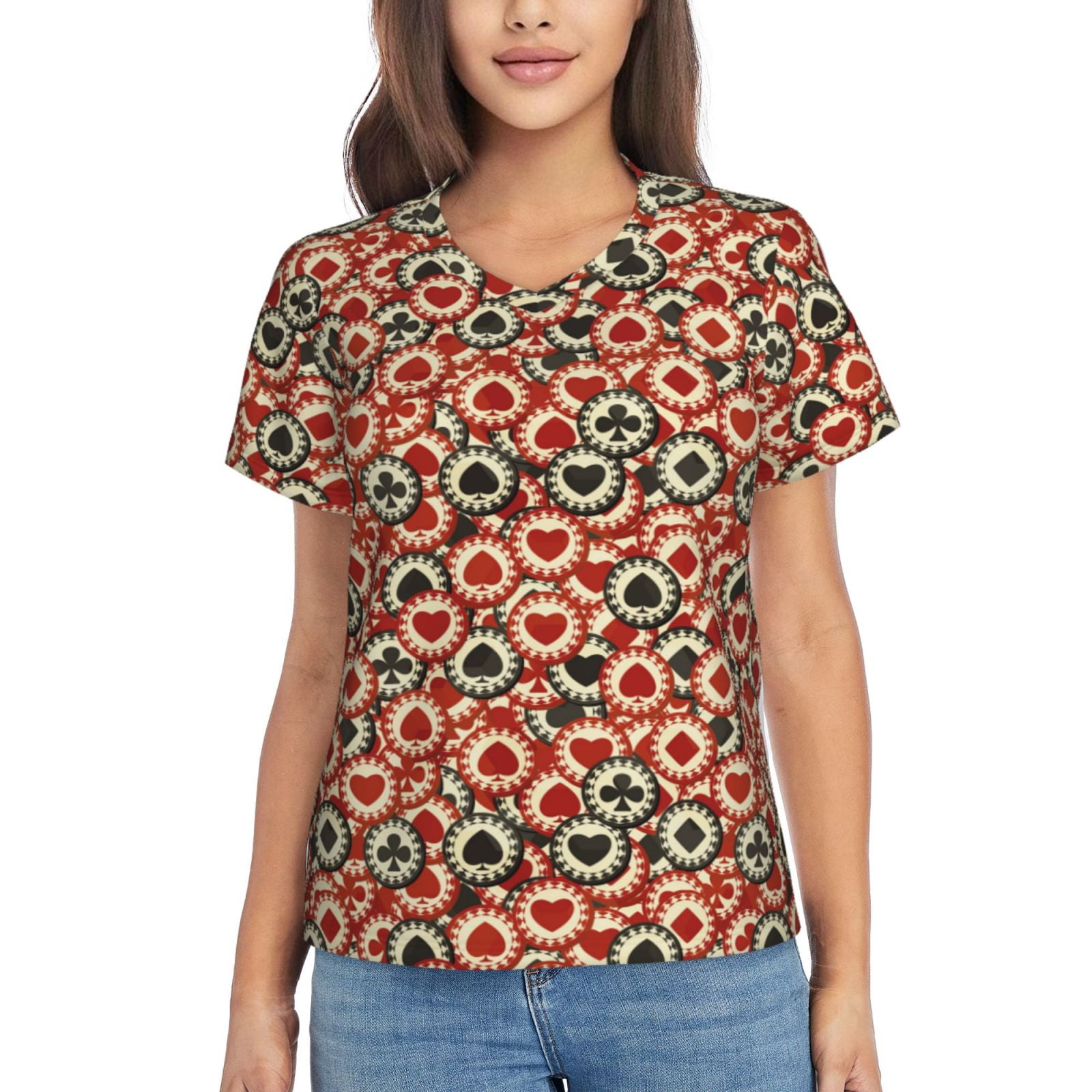 Coaee Poker Chips for Women's Classic Fit T Shirts Short Sleeve V Neck