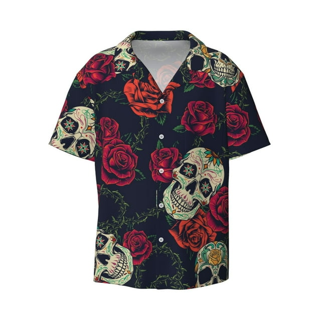Coaee Roses Skulls Men's Casual Button Down Shirt, Short Sleeve ...