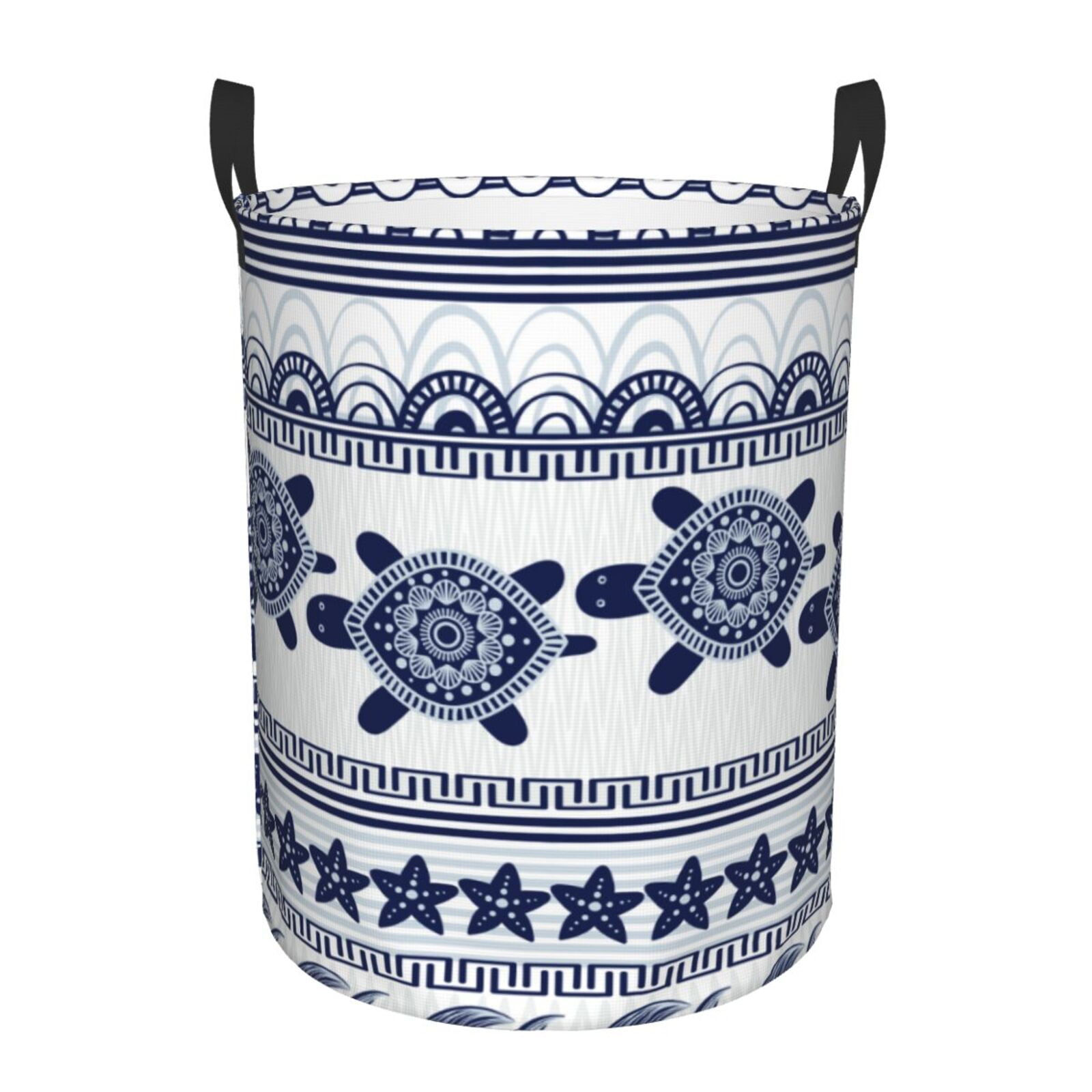 Coaee Sea Underwater Turtles Laundry Basket with Handle, Waterproof Round Collapsible Laundry