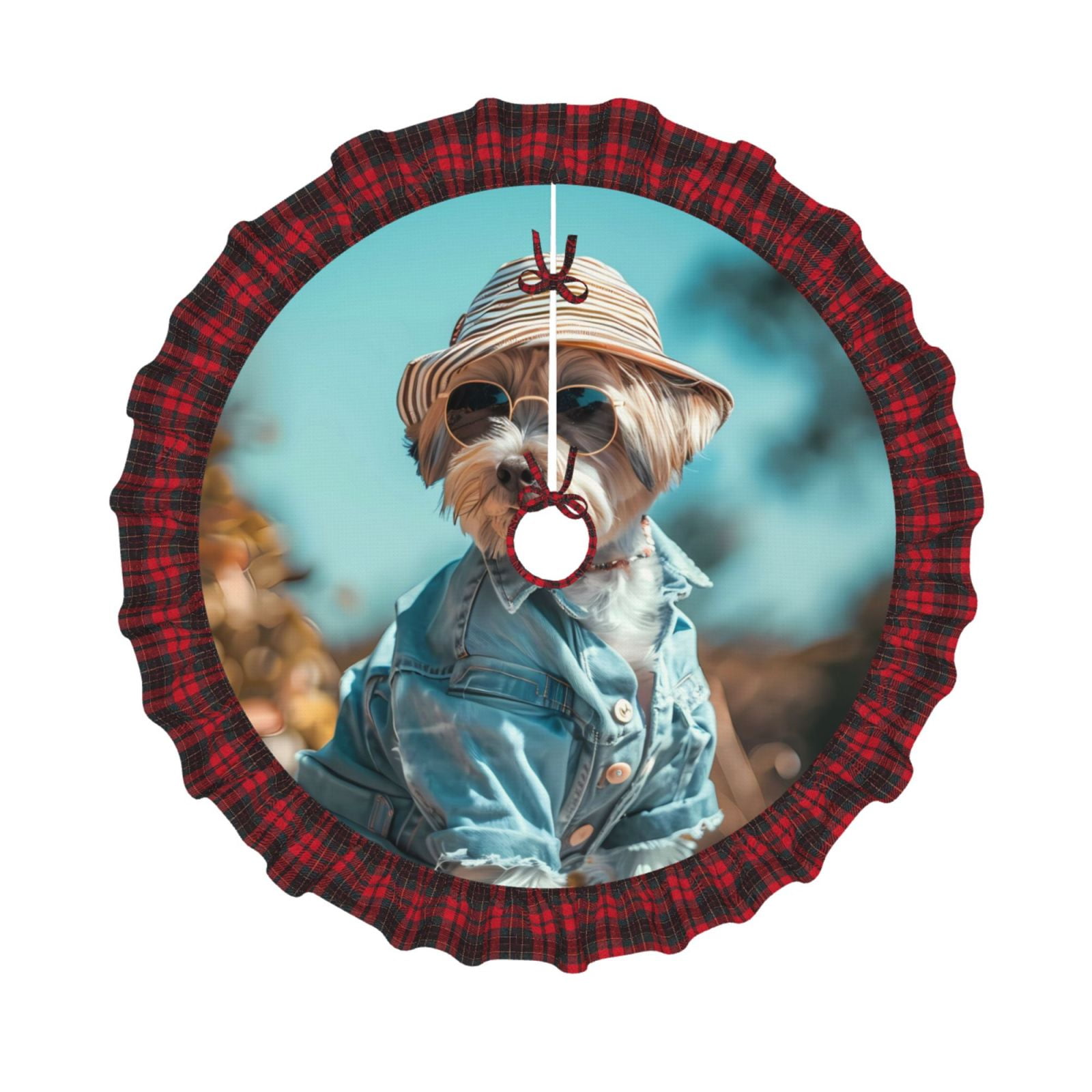 Coaee Stylish Dog in Denim Outfit for Christmas Plaid Tree Skirt for