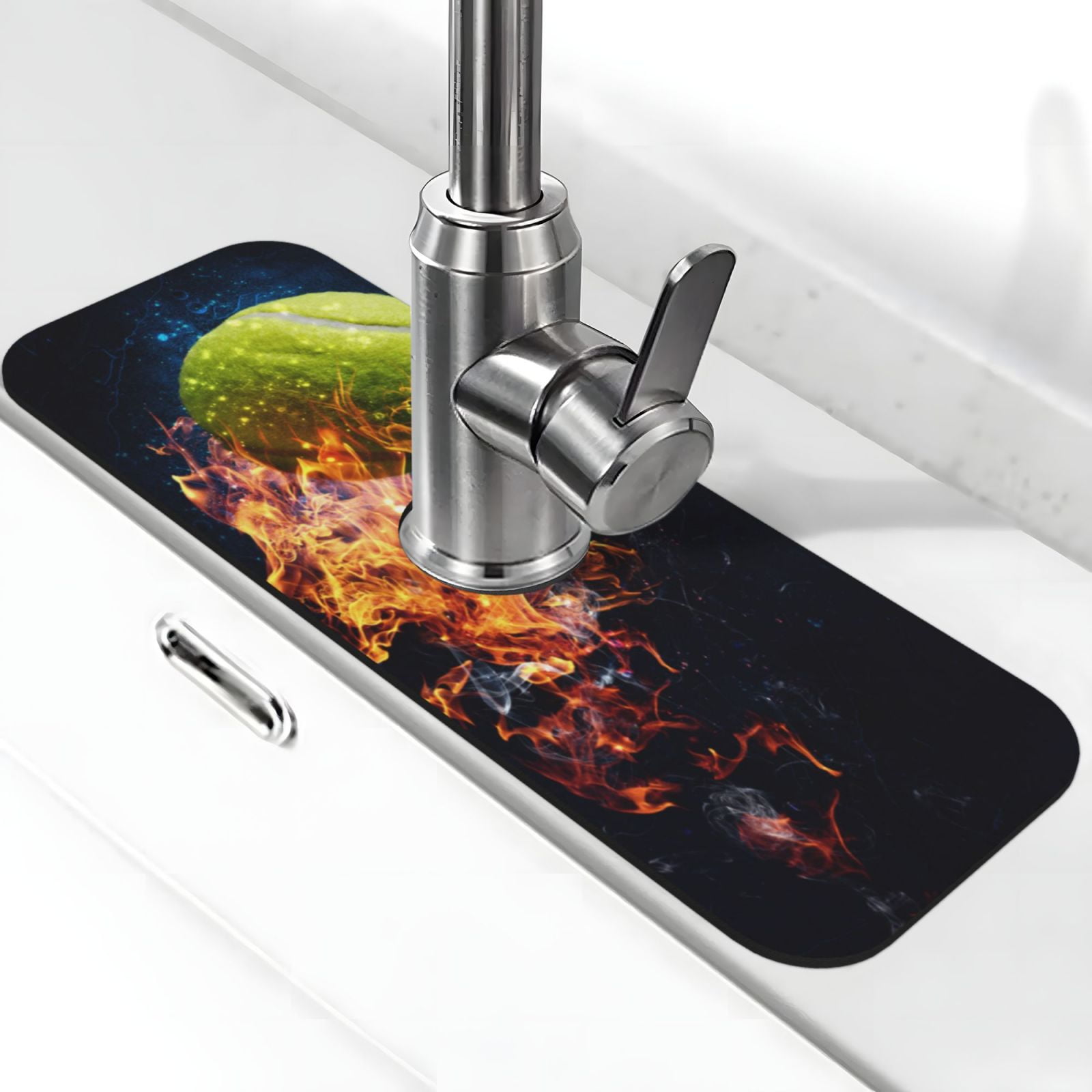 Coaee Tennis Ball In Fire1 for Kitchen Sink Splash Guard Sink Faucet Mat Splash Guard Sink Mat