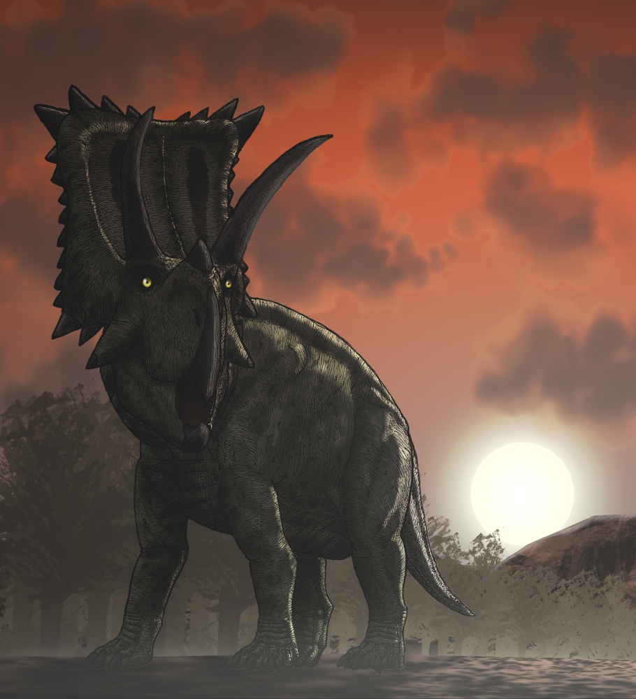 Coahuilaceratops walking through a Cretaceous sunset Canvas Art - Vitor SilvaStocktrek images (27 x 30)