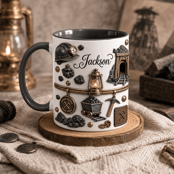 Coal Mining Mug Personalized Custom Name Coffee Cup with Mining Helmet & Lantern Gift