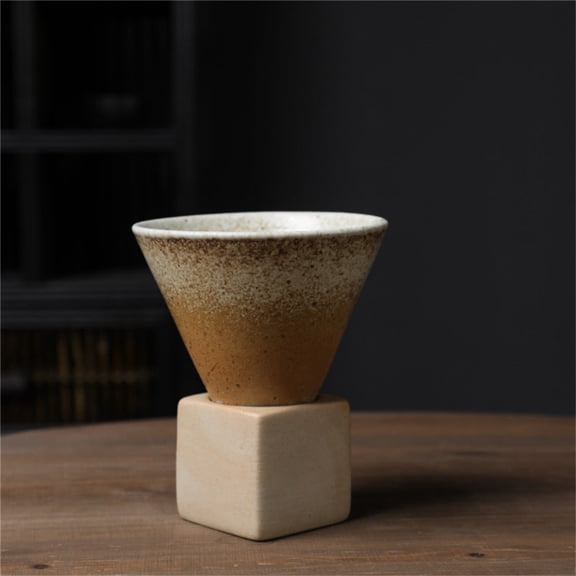 Coarse Pottery Coffee Mugs, Japanese Style Ceramic Tea Cups Triangular Cone Shape Porcelain Retro Mug with Square Base Heat Resistant Funnel Mugs Espresso Latte for Home Picnic Office
