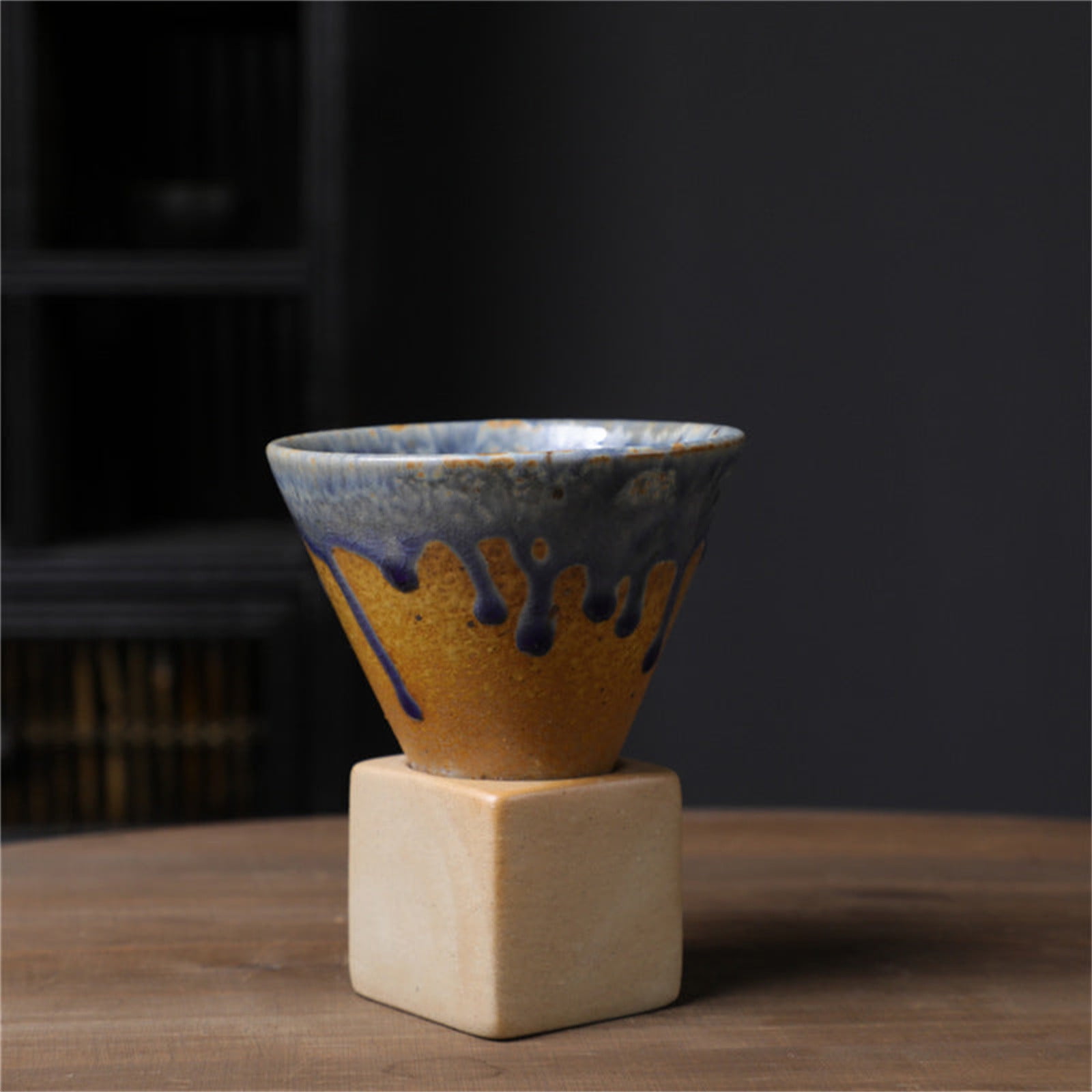 Coarse Pottery Coffee Mugs, Japanese Style Ceramic Tea Cups Triangular Cone Shape Porcelain Retro Mug with Square Base Heat Resistant Funnel Mugs Espresso Latte for Home Picnic Office