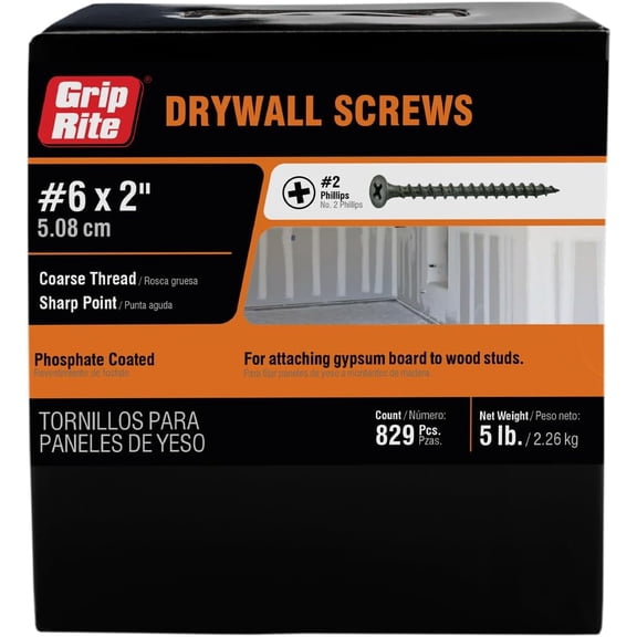 Coarse Thread Drywall Screws - #2 Phillips Bugle Head - Sharp Point - for Attaching Drywall to Wood Studs - Phosphate Coated - 5 Lb Box - #6 X 2" Drywall Screws - 2CDWS5