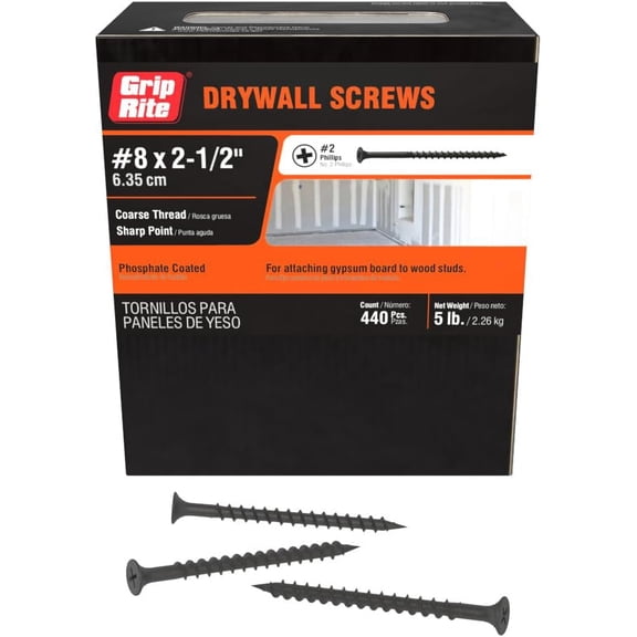 Coarse Thread Drywall Screws - #2 Phillips Bugle Head - Sharp Point - for Attaching Drywall to Wood Studs - Phosphate Coated - 5 Lb Box - #8 X 2-1/2" Drywall Screws - 212CDWS5