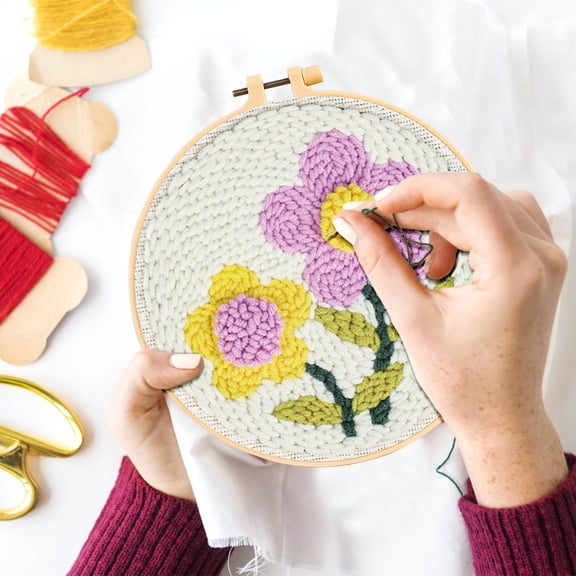 Coarse Yarn Poke Embroidery DIY Kit for Beginners and Crafters, Floral Series Needle Punch Material Package with Tools and Step-by-Step Instructions, Handmade Wall Art Decoration Gift for Home Office