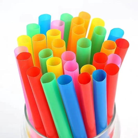 Coarse straw for smoothies, eight-grain porridge, and breakfast shop-specific straws for drinking porridge. Single-use plastic, colorful stripes, pointed tip.