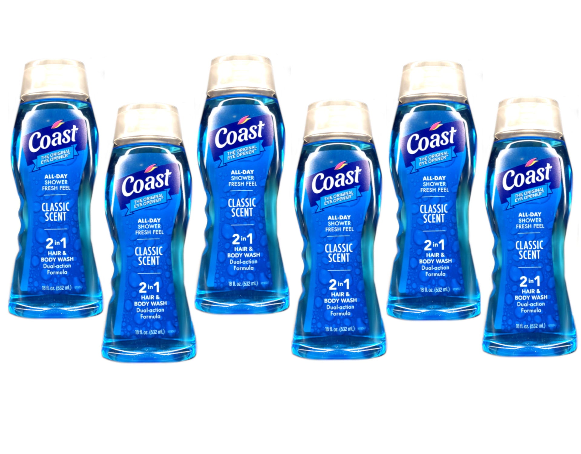 Coast 2-in-1 Hair and Body Wash, Classic Scent - Men's Body Wash, Shampoo & Conditioner - 6 Pack x 18 Fl Oz - Moisturizing & Refreshing Rich Lather for Energized And Clean Skin