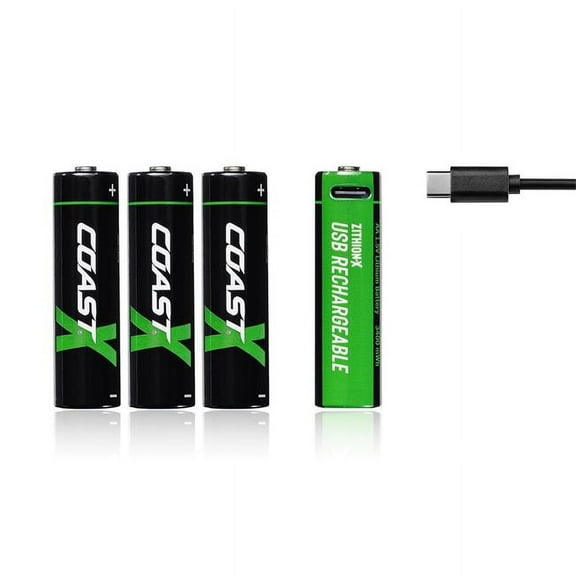 COAST Products Zithion-X AA Rechargeable Lithium-Ion Batteries with USB-C Port (1.5V, 2400mAh, 4-Pack)