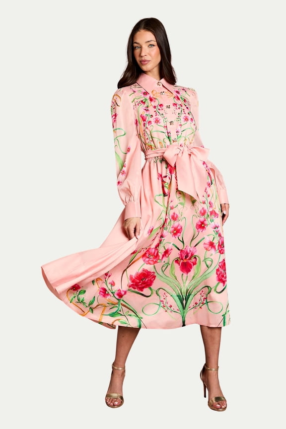 Border Print Organza Shirt Dress - Pink, 12