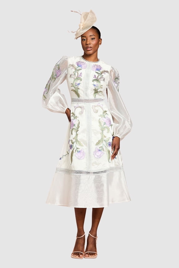 Embroidered Blouson Sleeve Midi Dress - Blue, 6
