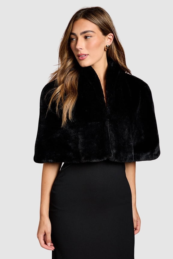Faux Fur Cropped Cape - Black, 14