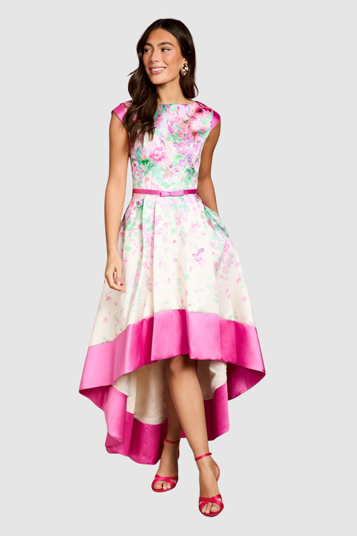 coast pink floral dress Women's Floral Print Organza Puff Sleeve Midi Dress, Pink