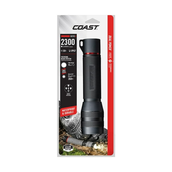 COAST GX35 Waterproof LED Flashlight  Dual Power, Twist Focus, IP67 Rated, 13 oz