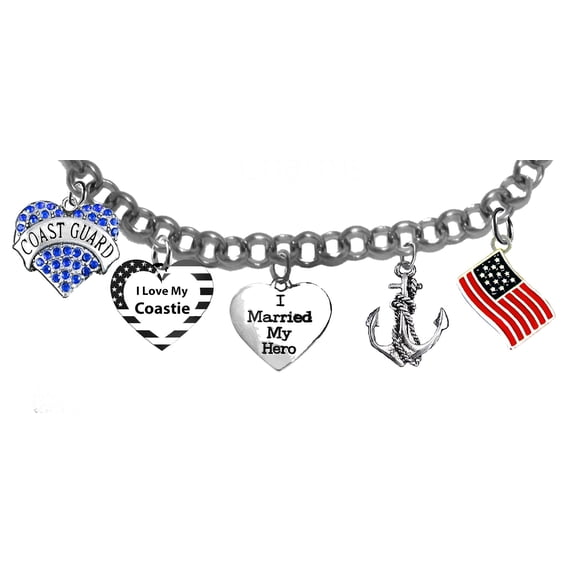 Coast Guard, I Love My Coastie Adjustable Bracelet With Genuine Austrian Blue Crystal Coast Guard Heart, I Married My Hero, Anchor, American Flag, I Love My Coastie Heart, Hypoallergenic-Safe